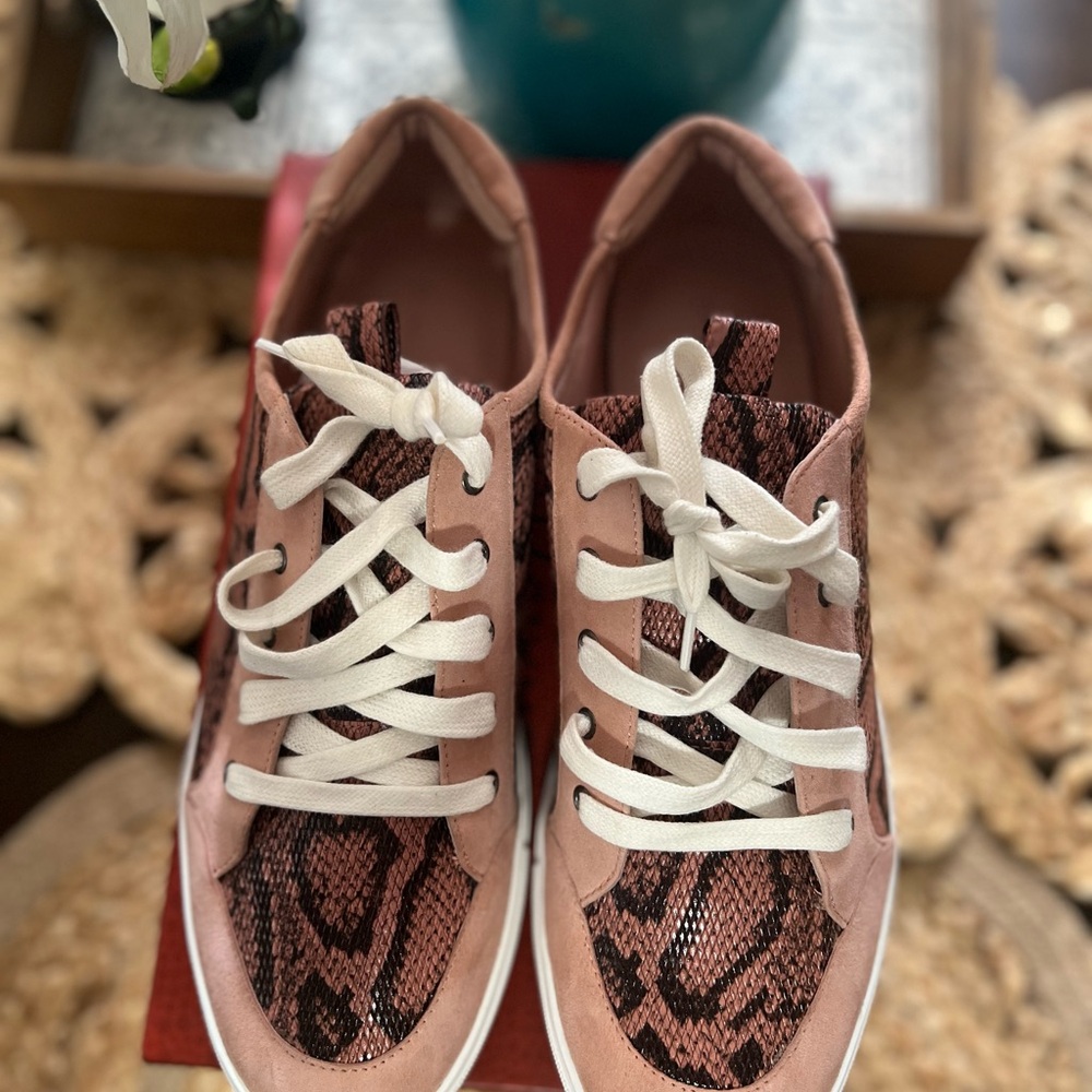 Donald J. Pliner Pink and Brown Snake Print Sneakers - Picture 5 of 9